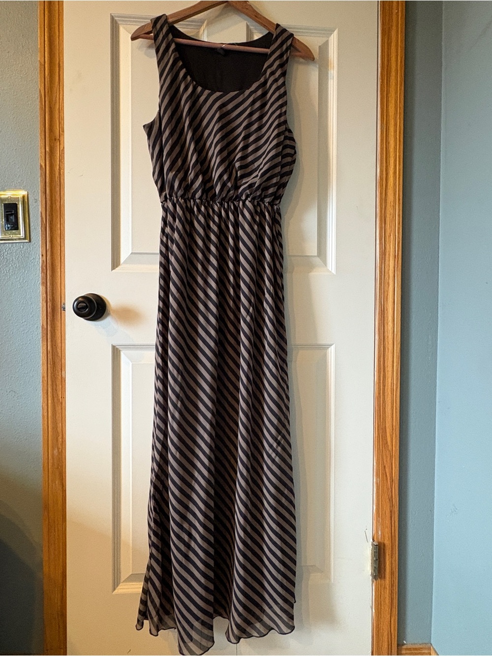 Espresso Diagonal Striped Sleeveless Maxi Dress in Black and Taupe